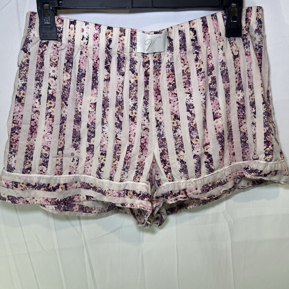 Victoria Secret‎ Womens M Pajama Bottoms Shorts Floral Stripes Logo Cotton Daisy